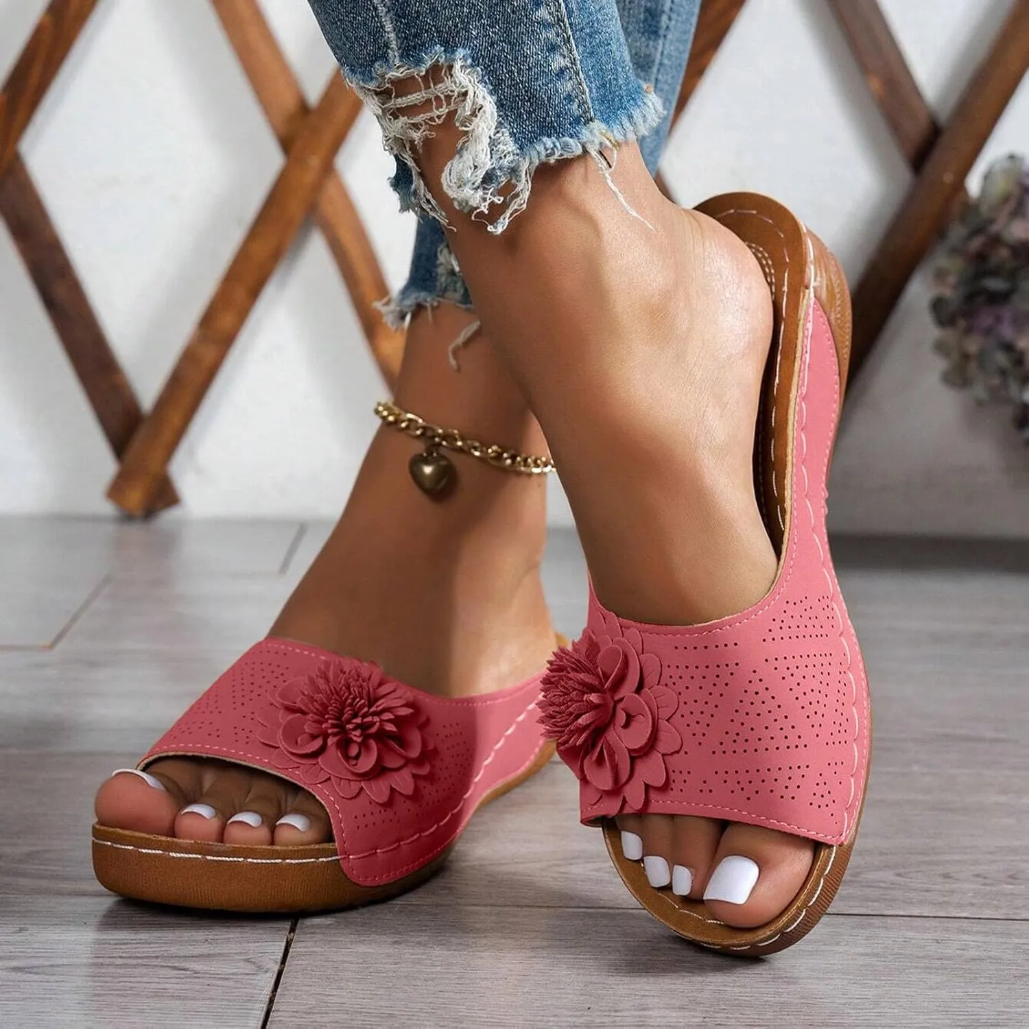 ZSpzx Women Wedge Sandals 2025,Fashion Flower Orthopedic Slippers Height Increase Casual Shoe Daily Wear Platform Walking Footwear Arch Support Plantar Fasciitis Slides Comfortable Breathable Summer