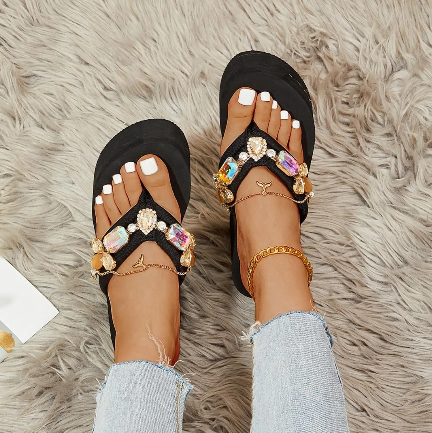 ZSpzx Women Wedge Sandals 2025,Fashion Summer Rhinestone Slippers Lightweight Beach Vacation Casual Shoe Indoor/Outdoor Slip-On Clip Toe Flip Flops Breathable Comfortable Non-Slip Walking Footwear