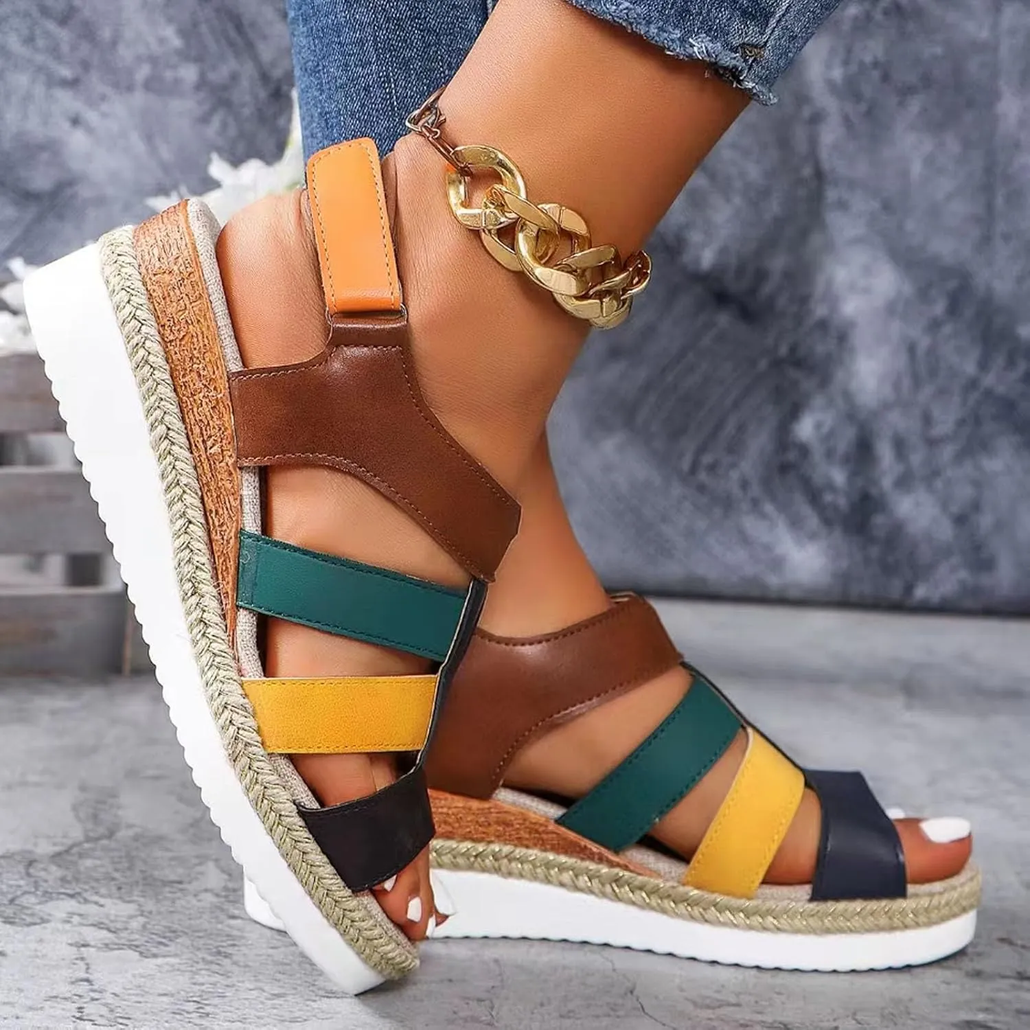 ZSpzx Women Wedge Sandals 2025,Roman Retro Casual Shoe Hook Loop Strap Breathable Comfortable Walking Footwear Arch Support Plantar Fasciitis Espadrilles Platform Slippers Summer Fashion