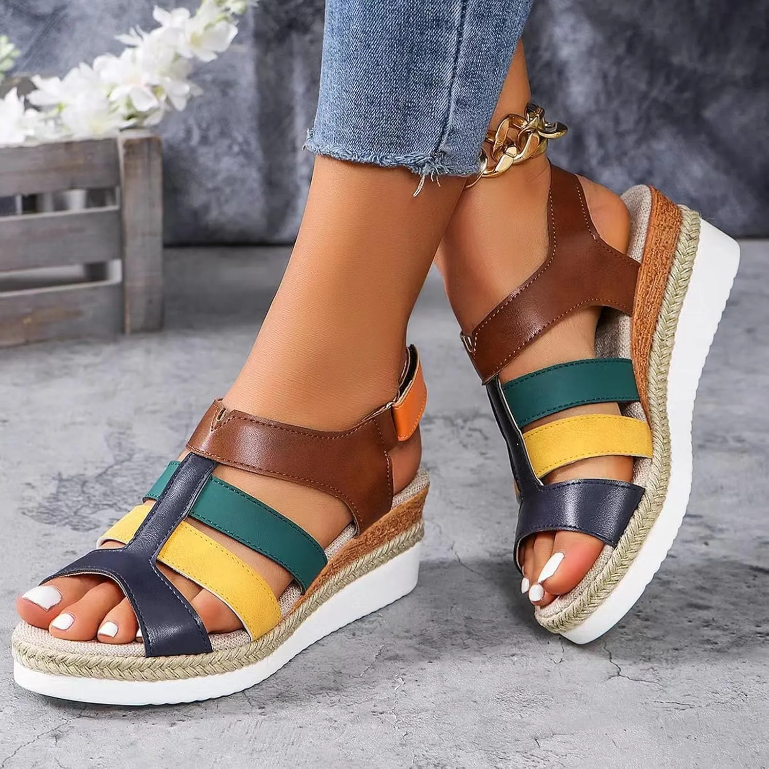 ZSpzx Women Wedge Sandals 2025,Roman Retro Casual Shoe Hook Loop Strap Breathable Comfortable Walking Footwear Arch Support Plantar Fasciitis Espadrilles Platform Slippers Summer Fashion