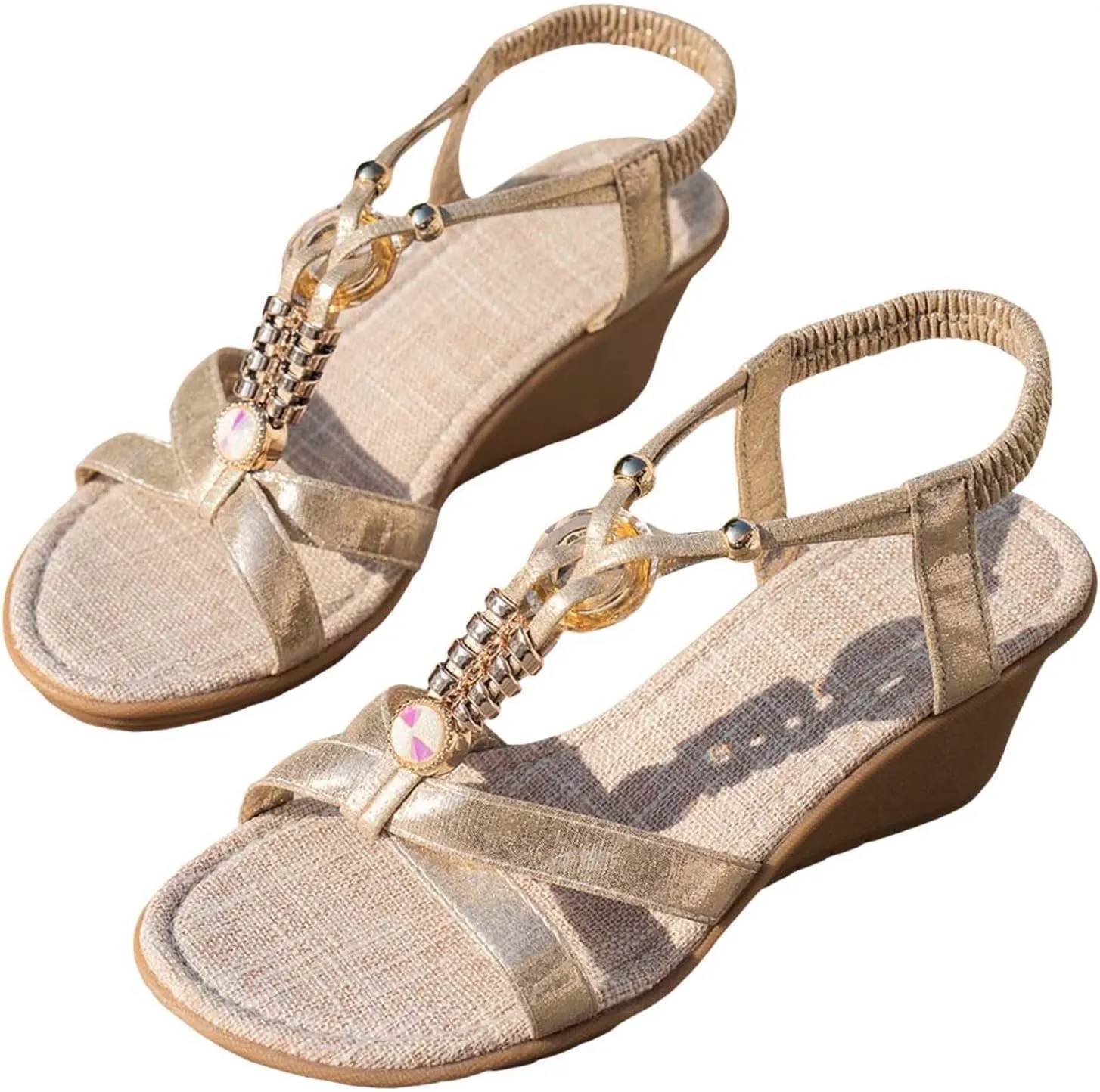 ZSpzx Women Wedge Sandals,Fashion Retro Roman Boho Non-Slip Walking Footwear Elastic Ankle Strap Summer Beach Vacation Slippers Breathable Comfortable Ladies Dress Casual Shoe Daily Wear