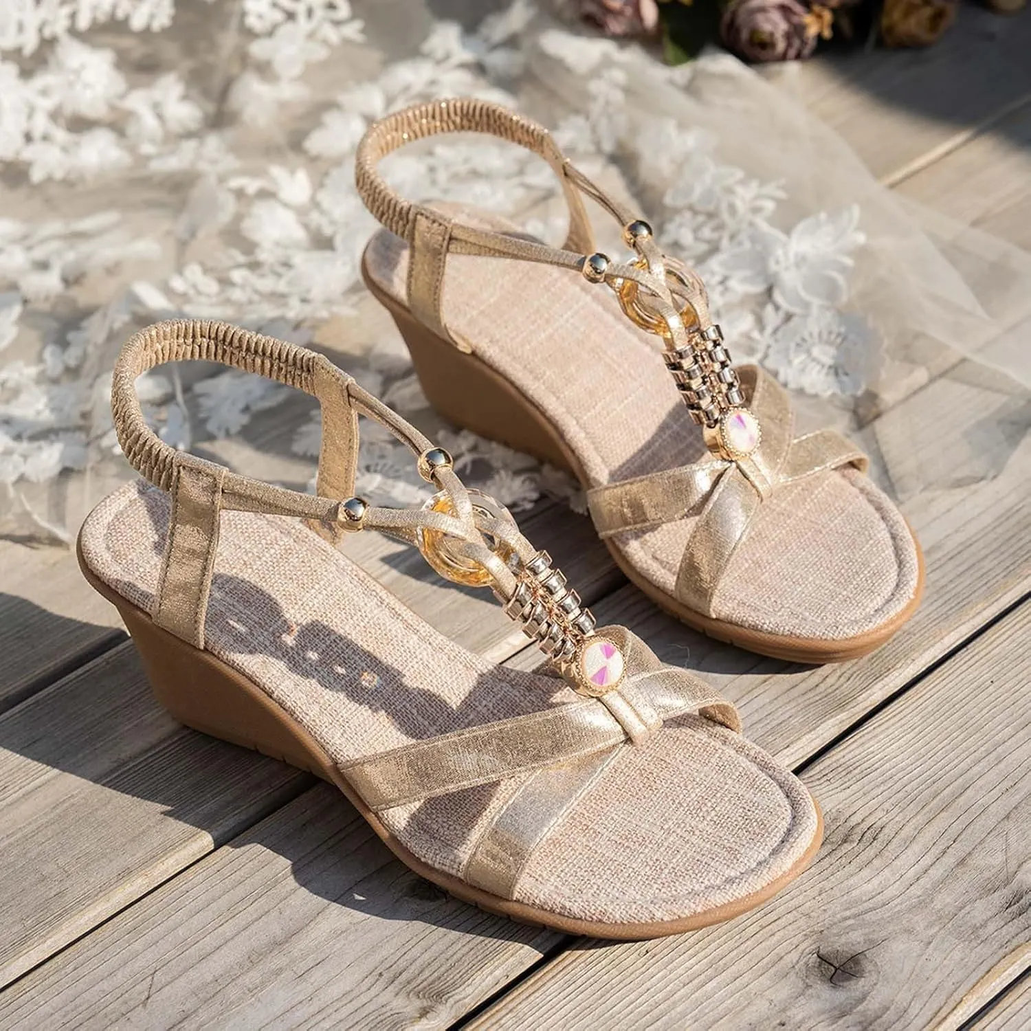 ZSpzx Women Wedge Sandals,Fashion Retro Roman Boho Non-Slip Walking Footwear Elastic Ankle Strap Summer Beach Vacation Slippers Breathable Comfortable Ladies Dress Casual Shoe Daily Wear