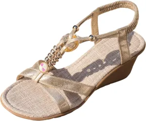 ZSpzx Women Wedge Sandals,Fashion Retro Roman Boho Non-Slip Walking Footwear Elastic Ankle Strap Summer Beach Vacation Slippers Breathable Comfortable Ladies Dress Casual Shoe Daily Wear