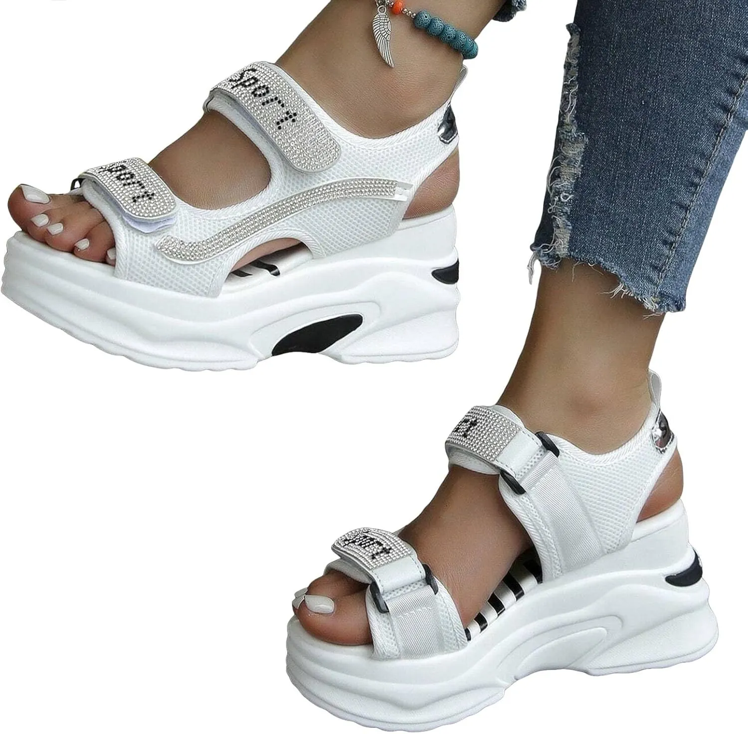 ZSpzx Women's Wedge Heel Sandals Summer Indoor/Outdoor Sport Sneakers Beach Vacation Slippers Hook Loop Strap Comfortable Breathable Ladies Dress Slip-On Walking Footwear Daily Wear Soft Cushion