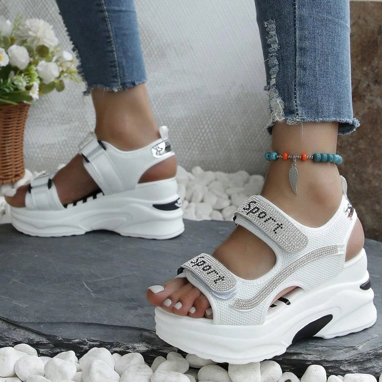 ZSpzx Women's Wedge Heel Sandals Summer Indoor/Outdoor Sport Sneakers Beach Vacation Slippers Hook Loop Strap Comfortable Breathable Ladies Dress Slip-On Walking Footwear Daily Wear Soft Cushion