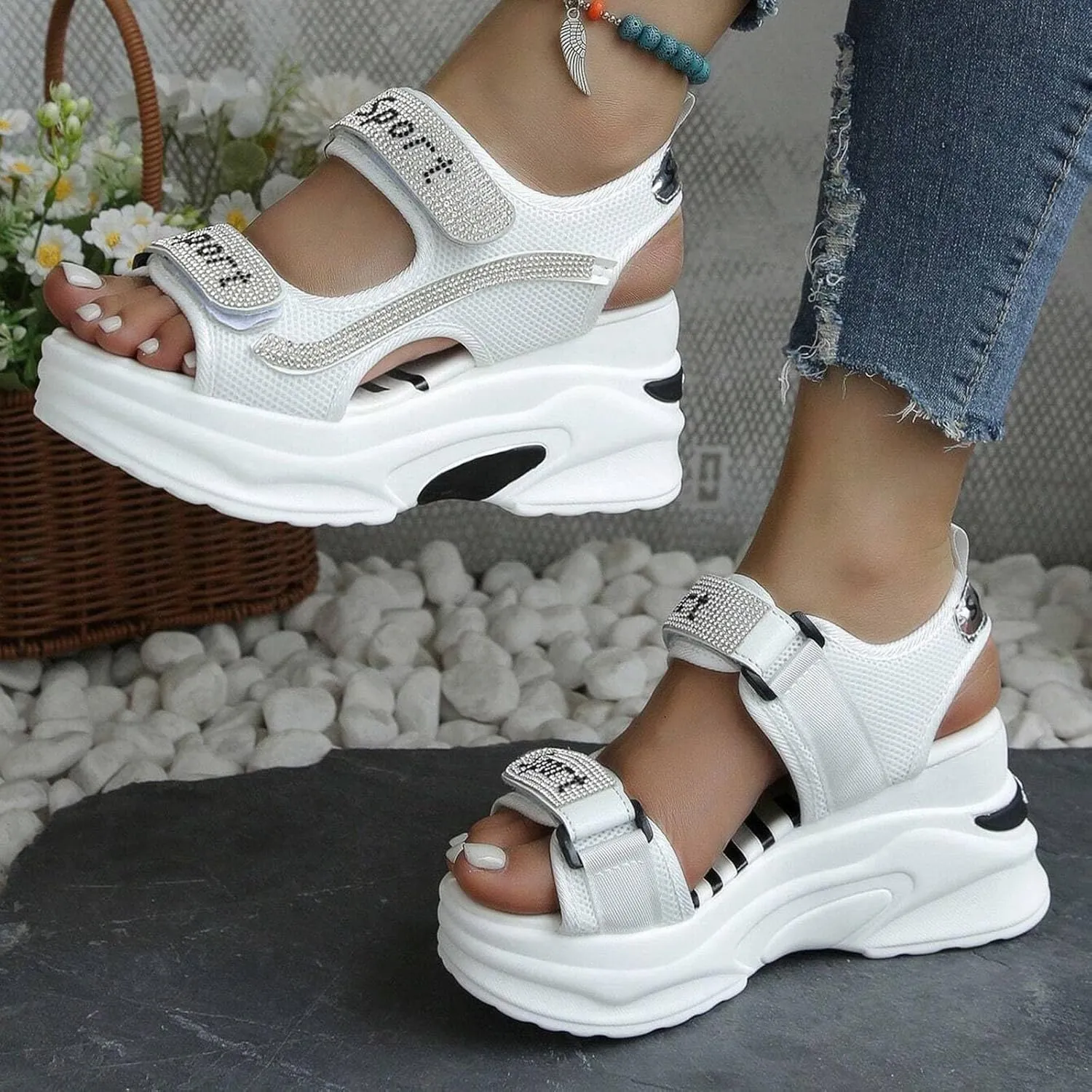 ZSpzx Women's Wedge Heel Sandals Summer Indoor/Outdoor Sport Sneakers Beach Vacation Slippers Hook Loop Strap Comfortable Breathable Ladies Dress Slip-On Walking Footwear Daily Wear Soft Cushion