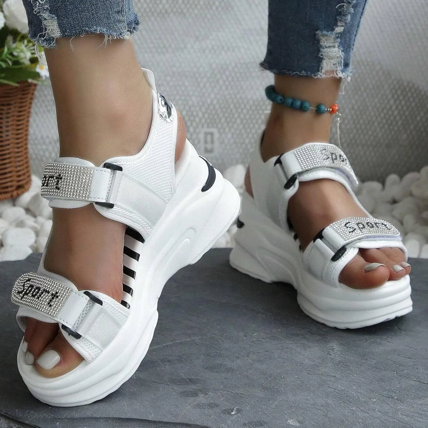 ZSpzx Women's Wedge Heel Sandals Summer Indoor/Outdoor Sport Sneakers Beach Vacation Slippers Hook Loop Strap Comfortable Breathable Ladies Dress Slip-On Walking Footwear Daily Wear Soft Cushion